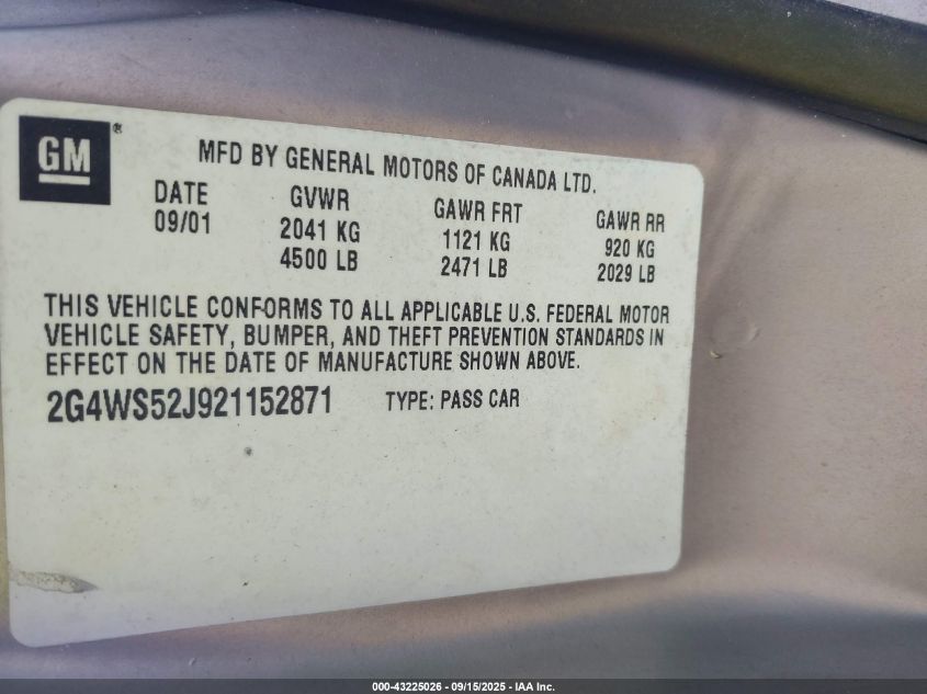 2002 Buick Century Custom VIN: 2G4WS52J921152871 Lot: 43225026