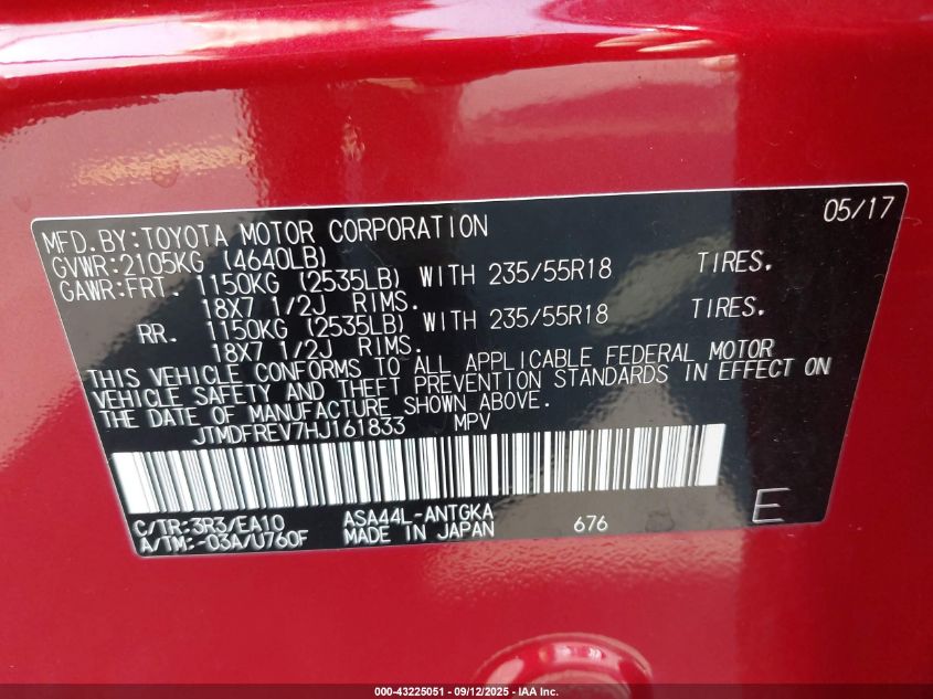 2017 Toyota Rav4 Limited VIN: JTMDFREV7HJ161833 Lot: 43225051