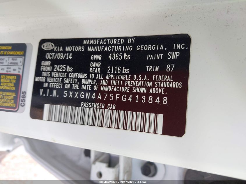 2015 Kia Optima Ex VIN: 5XXGN4A75FG413848 Lot: 43225070