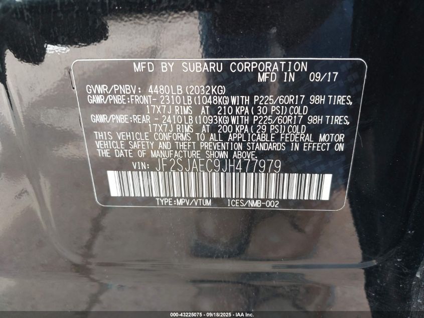 2018 Subaru Forester 2.5I Premium VIN: JF2SJAEC9JH477979 Lot: 43225075