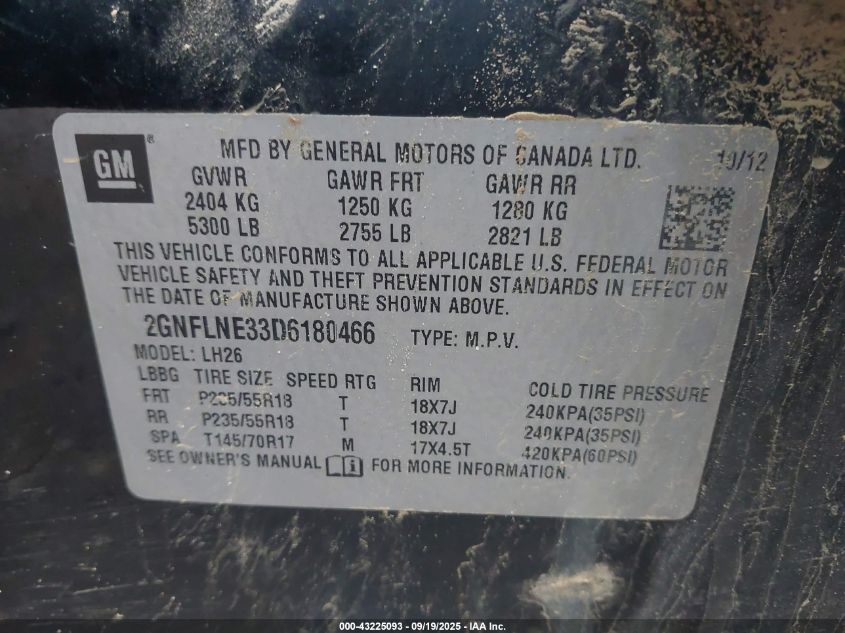 2013 Chevrolet Equinox 2Lt VIN: 2GNFLNE33D6180466 Lot: 43225093