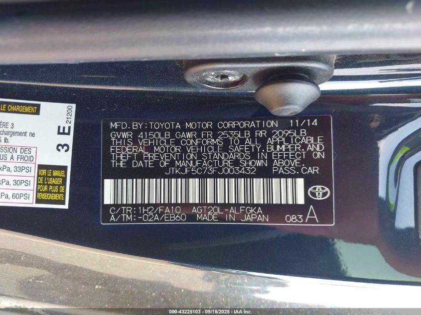 2015 Scion Tc VIN: JTKJF5C73FJ003432 Lot: 43225103