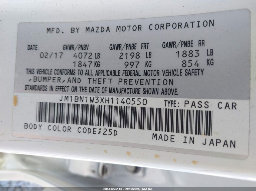 2017 Mazda Mazda3 Grand Touring VIN: JM1BN1W3XH1140550 Lot: 43225118