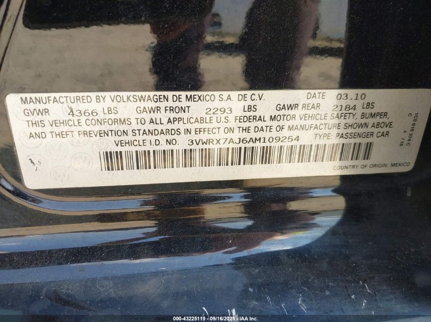 2010 Volkswagen Jetta Limited Edition VIN: 3VWRX7AJ6AM109254 Lot: 43225119