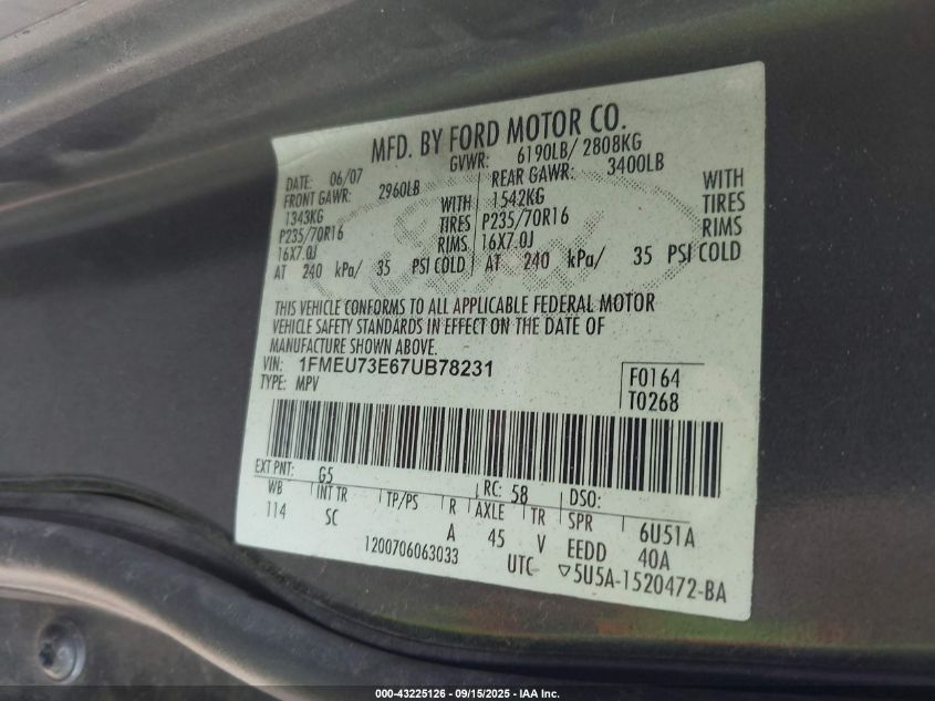 2007 Ford Explorer Xlt VIN: 1FMEU73E67UB78231 Lot: 43225126