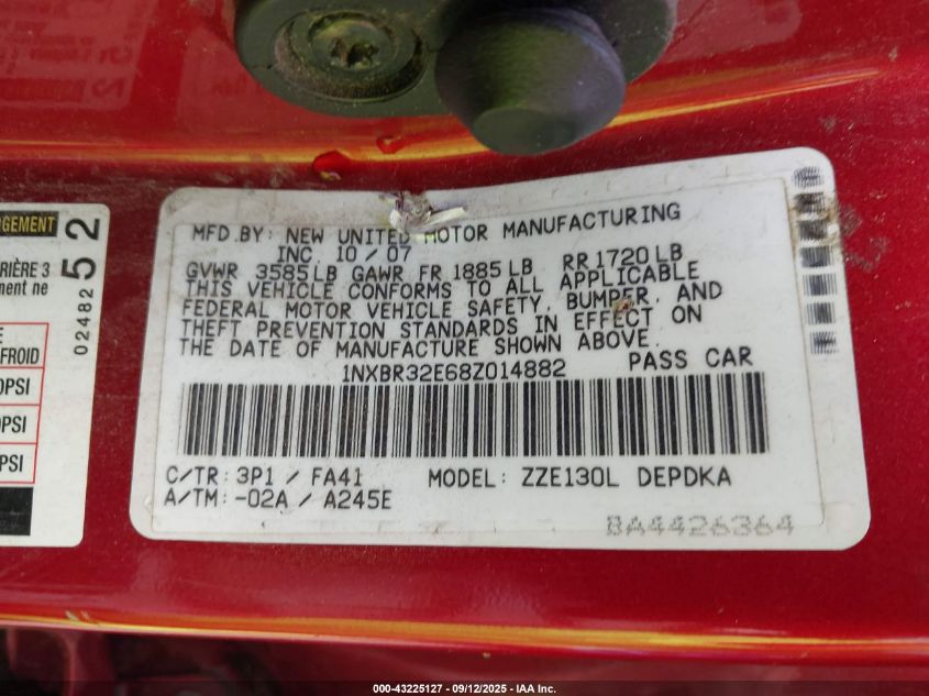 2008 Toyota Corolla Ce VIN: 1NXBR32E68Z014882 Lot: 43225127