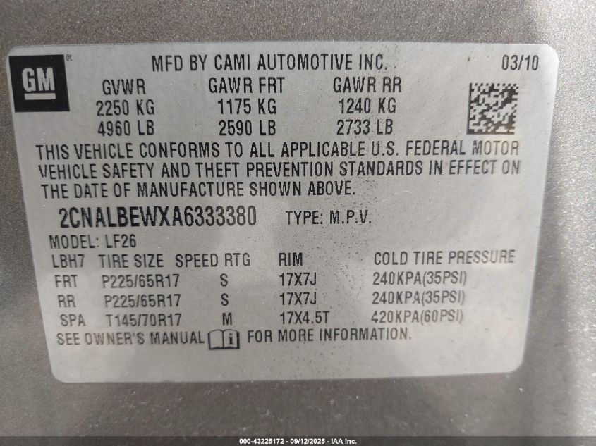 2010 Chevrolet Equinox Ls VIN: 2CNALBEWXA6333380 Lot: 43225172