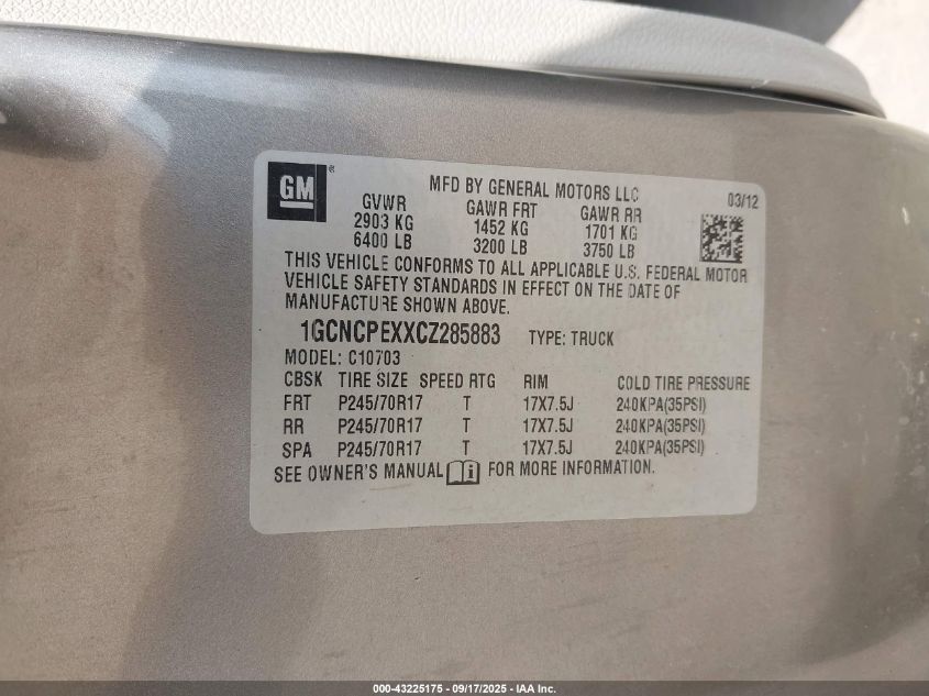 2012 Chevrolet Silverado 1500 Work Truck VIN: 1GCNCPEXXCZ285883 Lot: 43225175