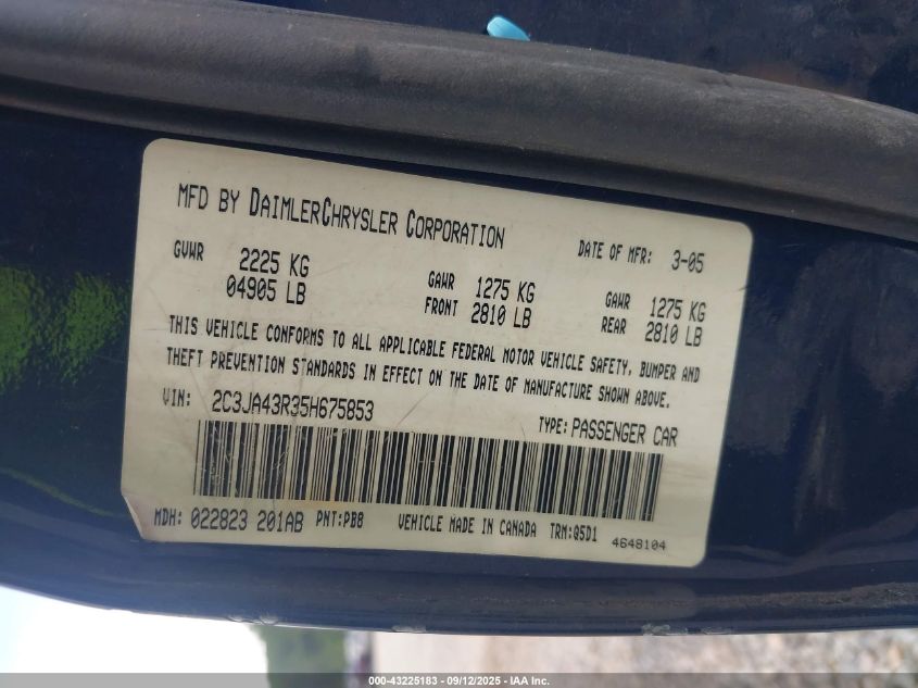 2005 Chrysler 300 VIN: 2C3JA43R35H675853 Lot: 43225183