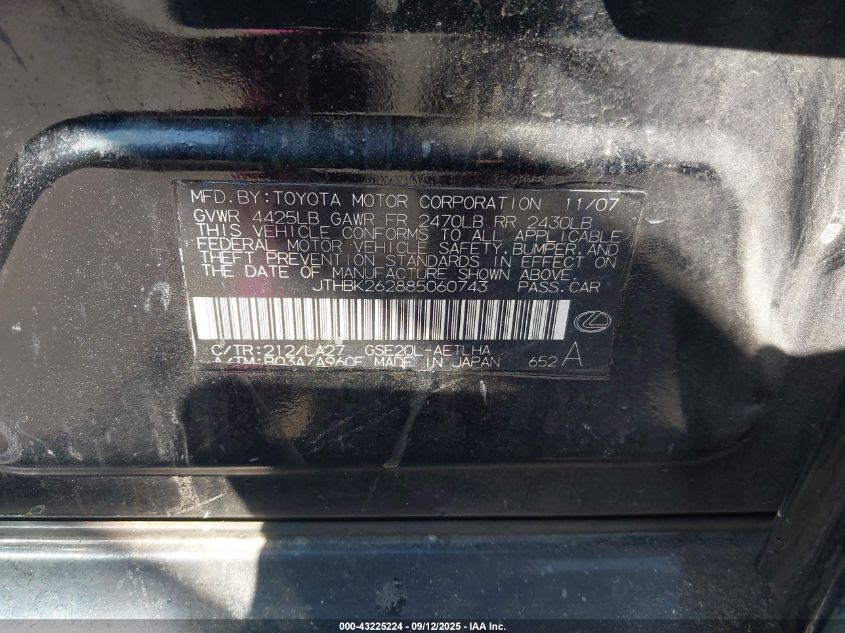 2008 Lexus Is 250 VIN: JTHBK262885060743 Lot: 43225224