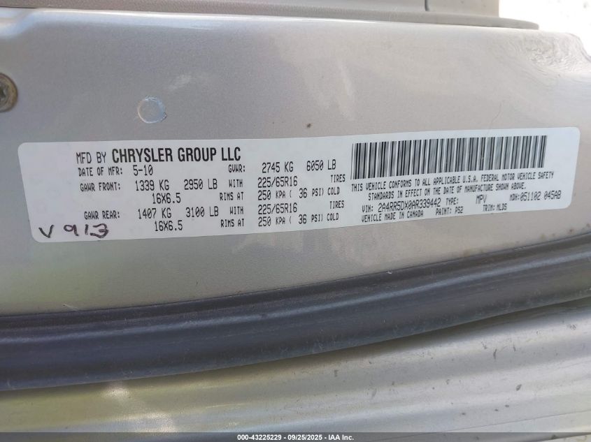 2010 Chrysler Town & Country Touring VIN: 2A4RR5DX0AR339442 Lot: 43225229