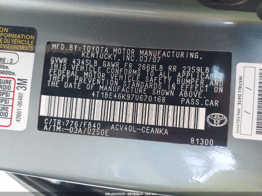 2007 Toyota Camry Le VIN: 4T1BE46K97U670168 Lot: 43225239