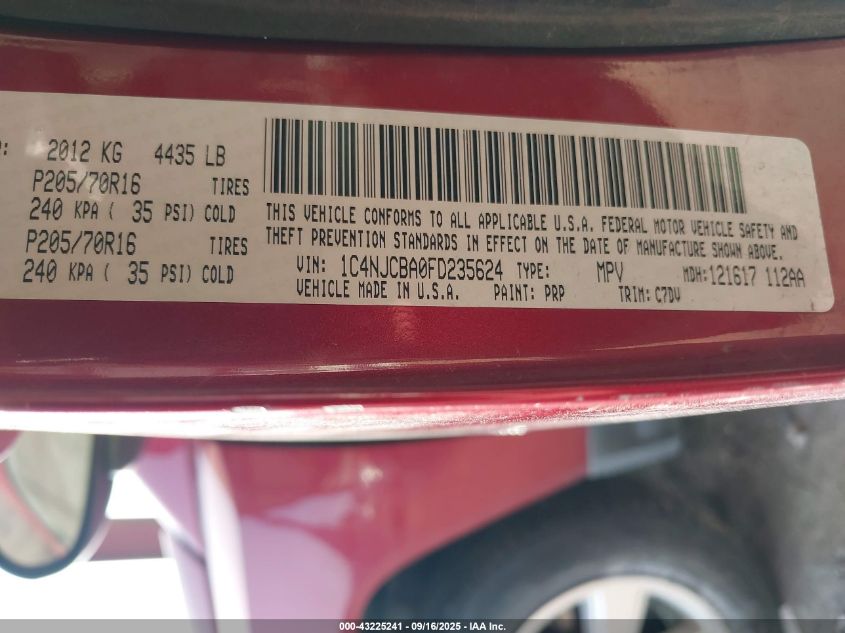 2015 Jeep Compass Sport VIN: 1C4NJCBA0FD235624 Lot: 43225241