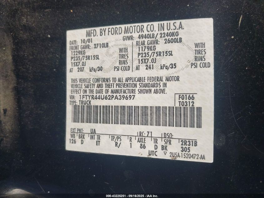 2002 Ford Ranger Edge/Tremor/Xlt VIN: 1FTYR44U62PA39697 Lot: 43225251