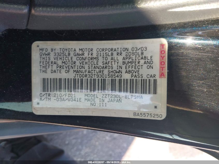 2003 Toyota Celica Gt VIN: JTDDR32T930158549 Lot: 43225257