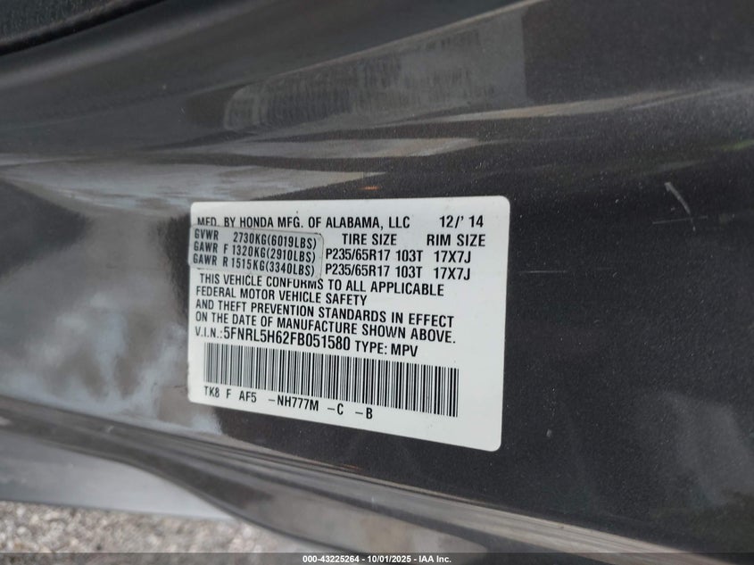 2015 Honda Odyssey Ex-L VIN: 5FNRL5H62FB051580 Lot: 43225264