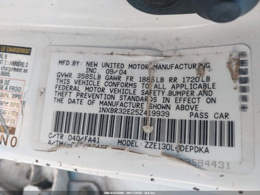 2005 Toyota Corolla Ce VIN: 1NXBR32E25Z419939 Lot: 43225266