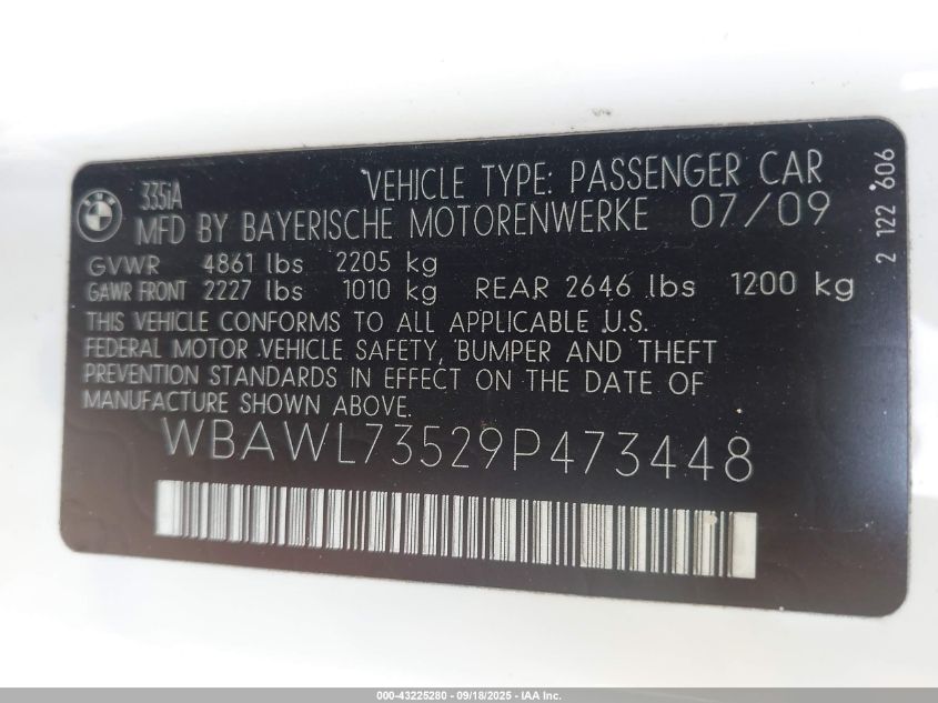 2009 BMW 335I VIN: WBAWL73529P473448 Lot: 43225280
