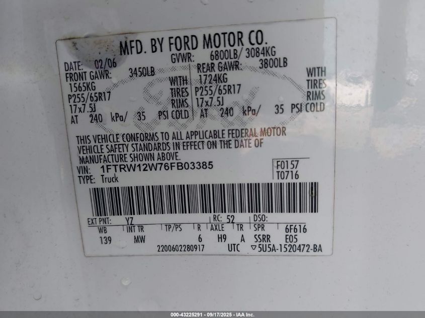 2006 Ford F-150 Xlt VIN: 1FTRW12W76FB03385 Lot: 43225291