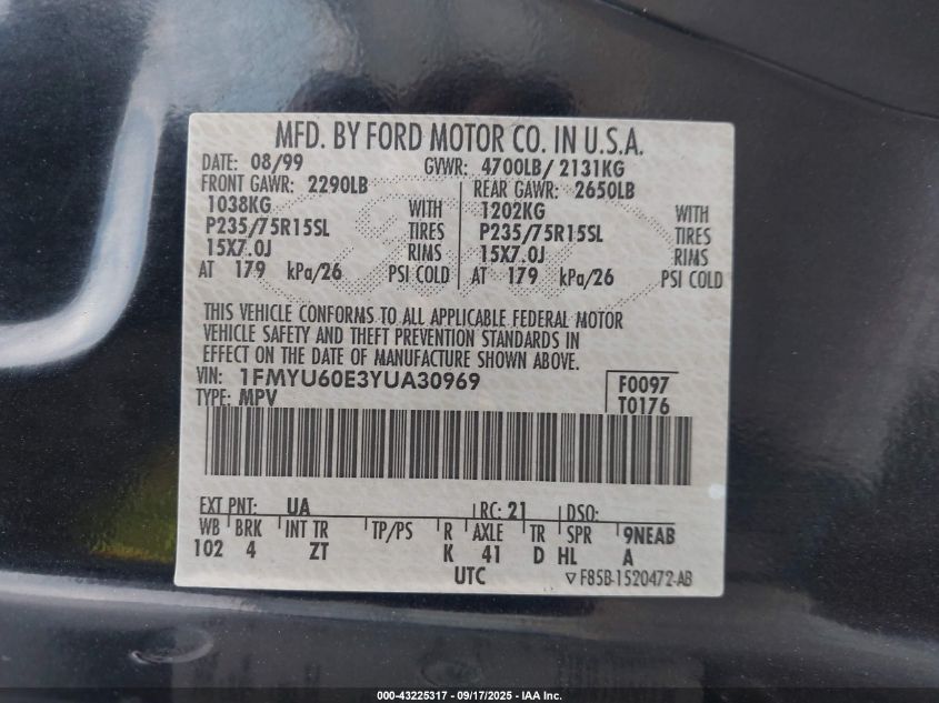 2000 Ford Explorer Sport VIN: 1FMYU60E3YUA30969 Lot: 43225317