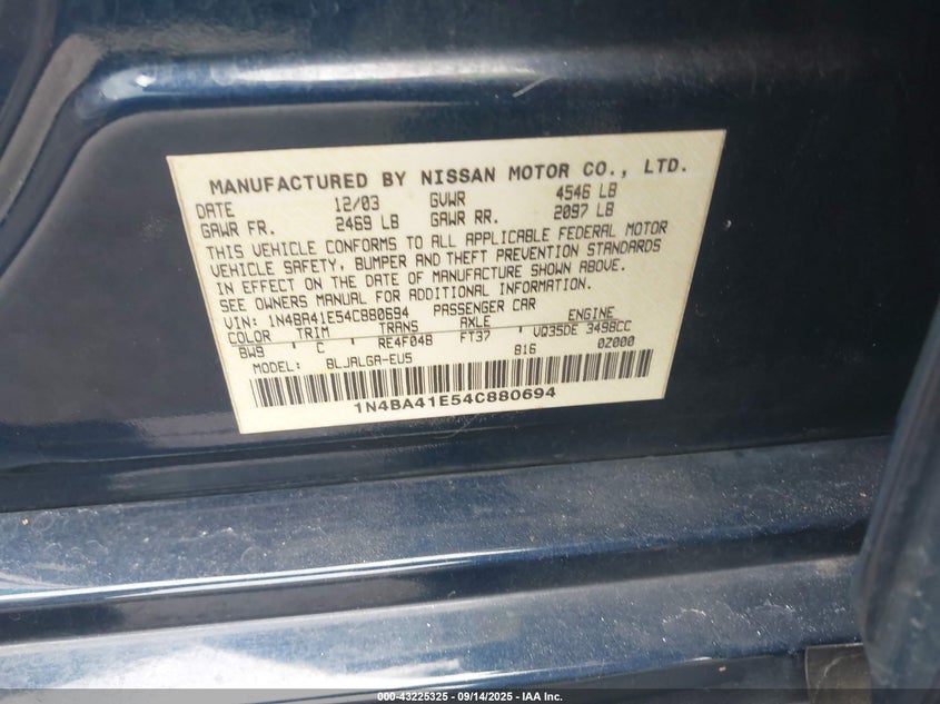 2004 Nissan Maxima 3.5 Sl VIN: 1N4BA41E54C880694 Lot: 43225325