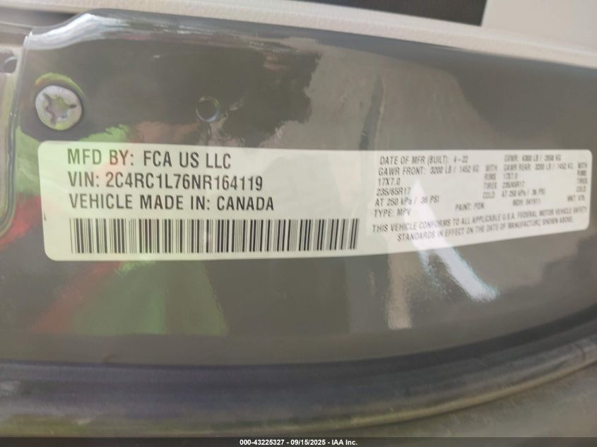 2022 Chrysler Pacifica Hybrid Touring L VIN: 2C4RC1L76NR164119 Lot: 43225327