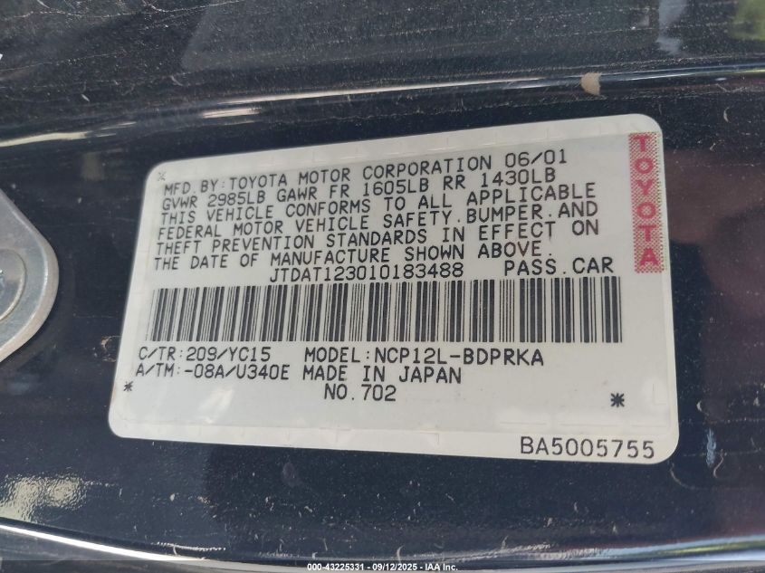 2001 Toyota Echo VIN: JTDAT123010183488 Lot: 43225331