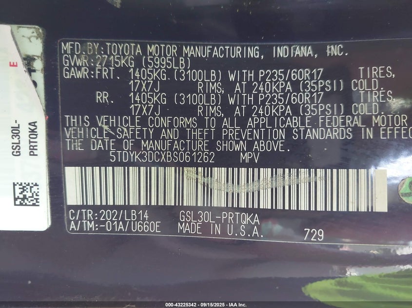 2011 Toyota Sienna Xle V6 VIN: 5TDYK3DCXBS061262 Lot: 43225342