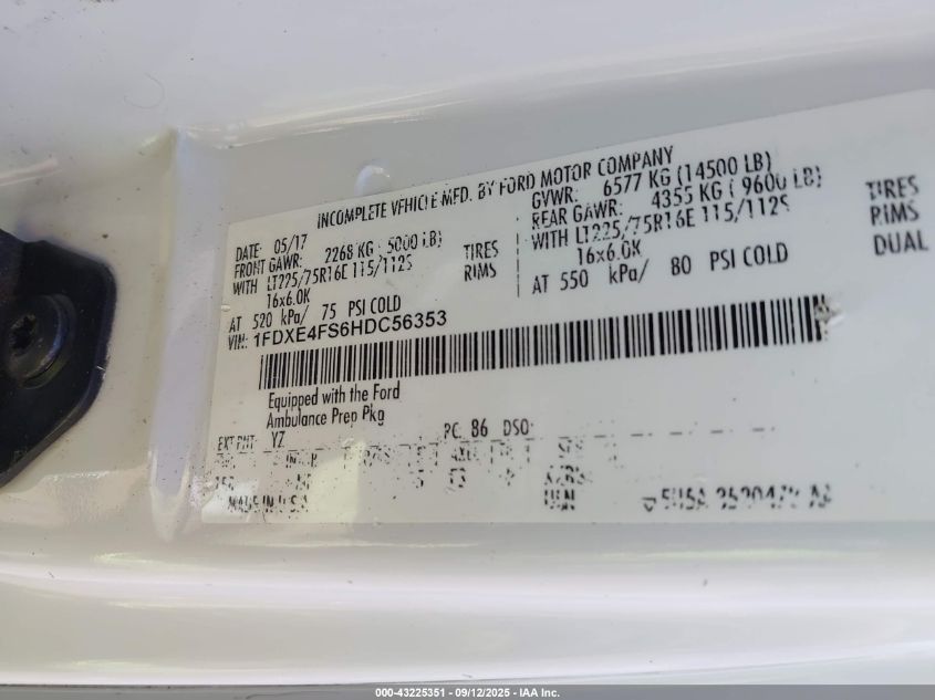 2017 Ford E-450 Cutaway VIN: 1FDXE4FS6HDC56353 Lot: 43225351