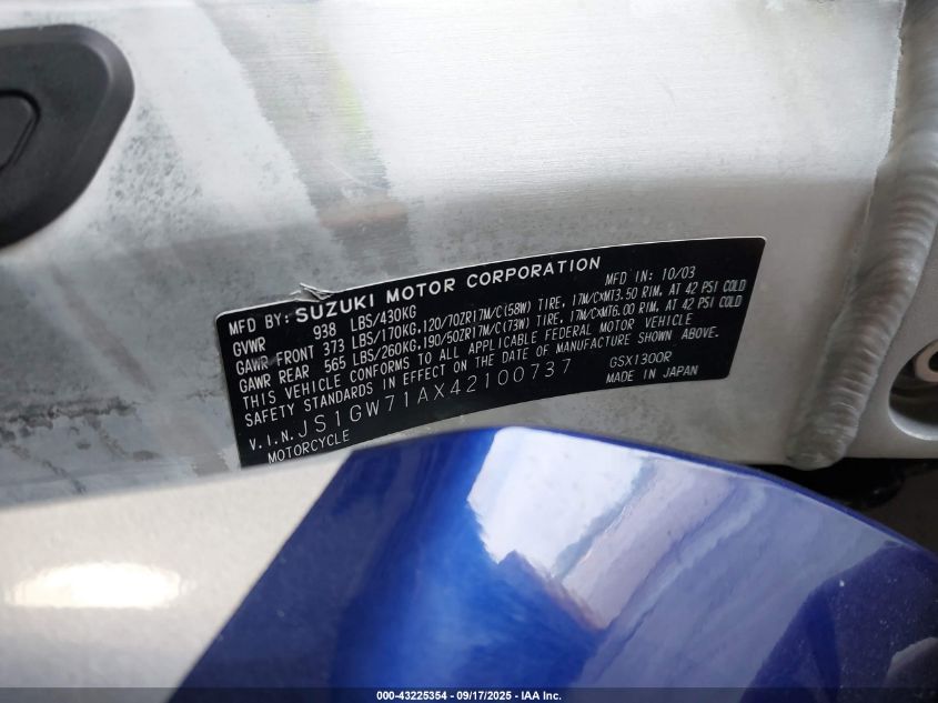 2004 Suzuki Gsx1300 R VIN: JS1GW71AX42100737 Lot: 43225354