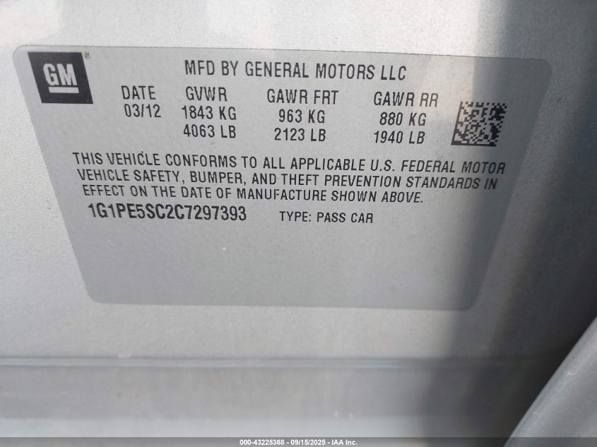 2012 Chevrolet Cruze Lt VIN: 1G1PE5SC2C7297393 Lot: 43225368