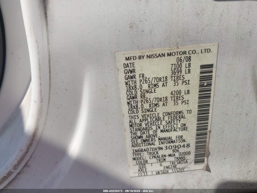 2009 Nissan Titan Xe VIN: 1N6BA07DX9N309048 Lot: 43225372