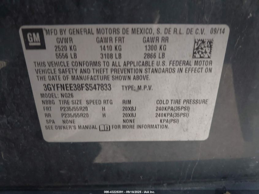 2015 Cadillac Srx Luxury Collection VIN: 3GYFNEE38FS547833 Lot: 43225391