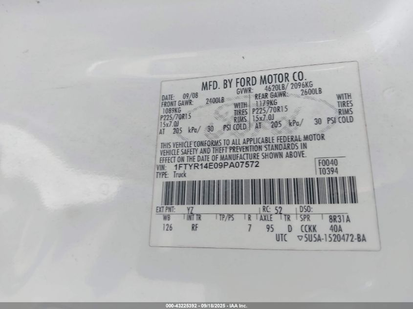 2009 Ford Ranger Sport/Xl/Xlt VIN: 1FTYR14E09PA07572 Lot: 43225392