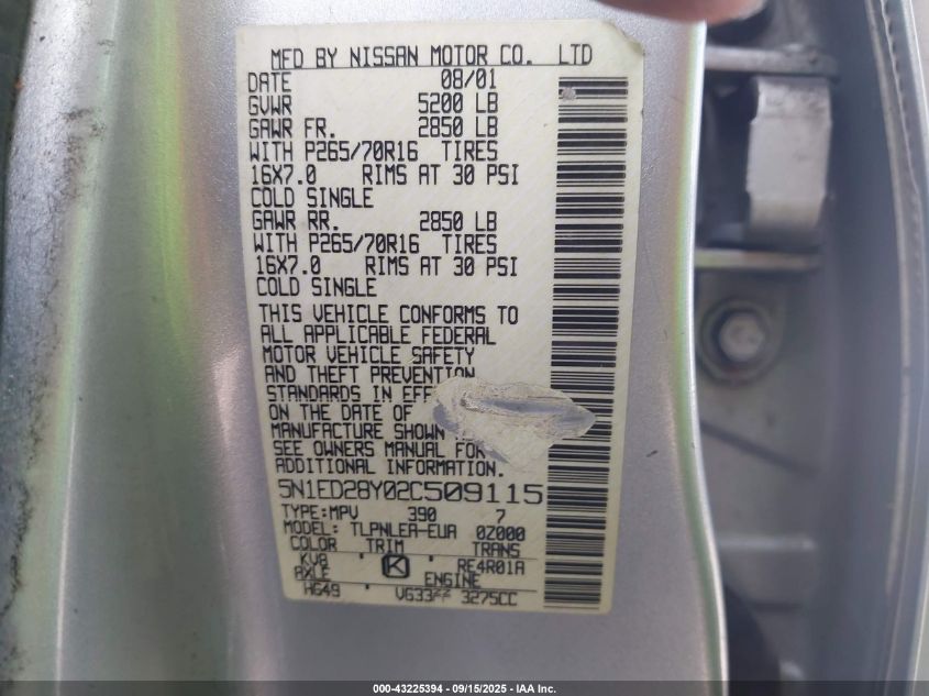 2002 Nissan Xterra Xe VIN: 5N1ED28Y02C509115 Lot: 43225394