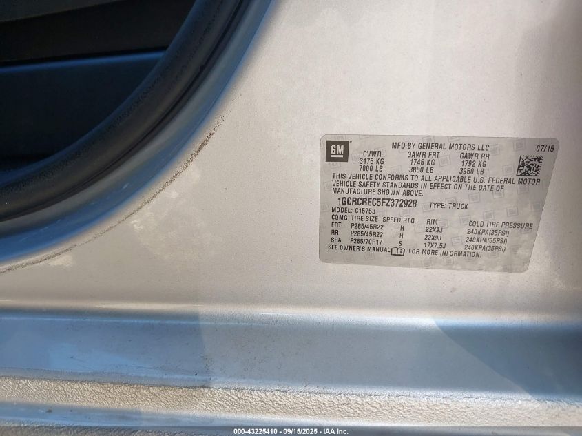 2015 Chevrolet Silverado 1500 1Lt VIN: 1GCRCREC5FZ372928 Lot: 43225410