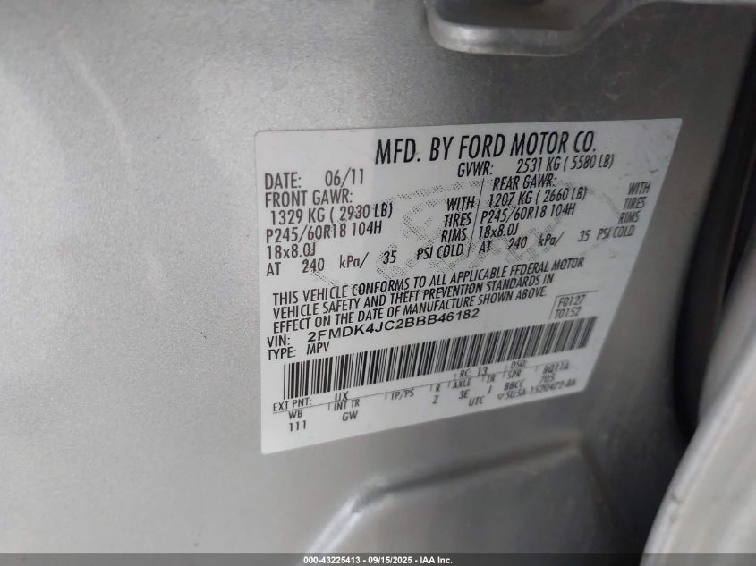 2011 Ford Edge Sel VIN: 2FMDK4JC2BBB46182 Lot: 43225413