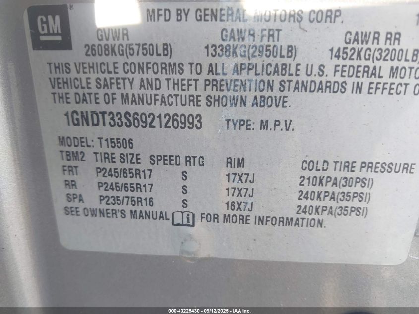 2009 Chevrolet Trailblazer Lt VIN: 1GNDT33S692126993 Lot: 43225430