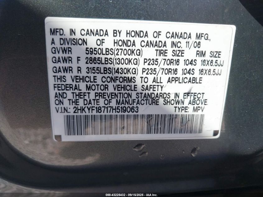 2007 Honda Pilot Ex-L VIN: 2HKYF18717H519063 Lot: 43225432