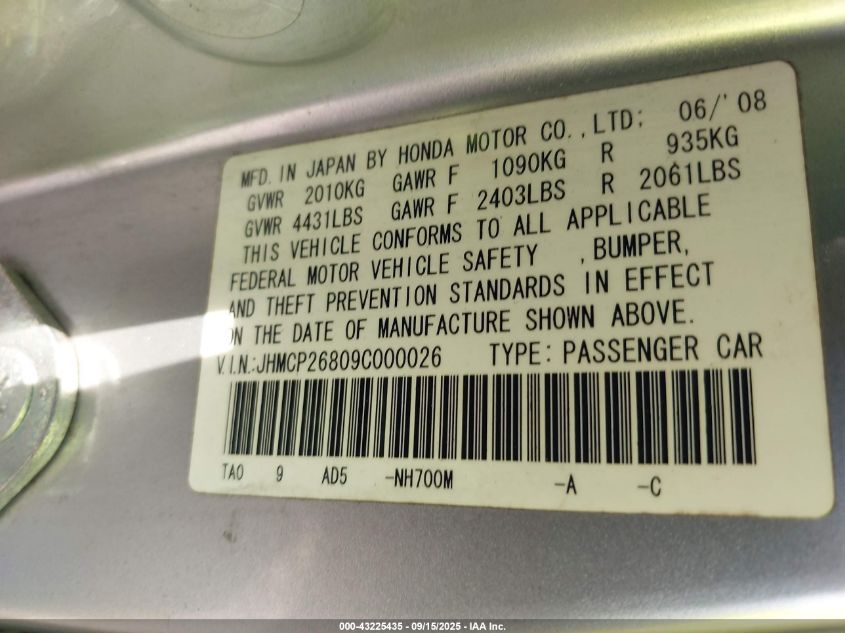 2009 Honda Accord 2.4 Ex-L VIN: JHMCP26809C000026 Lot: 43225435