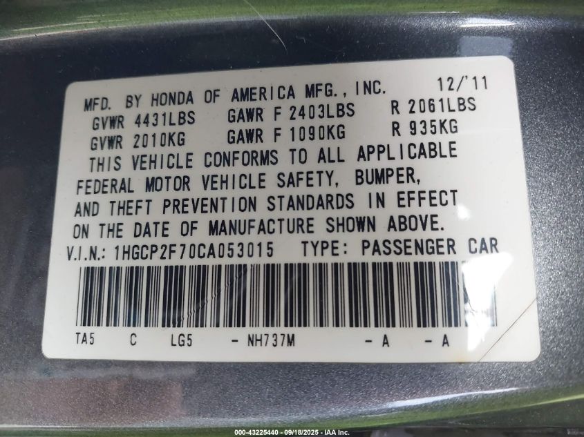 2012 Honda Accord 2.4 Ex VIN: 1HGCP2F70CA053015 Lot: 43225440
