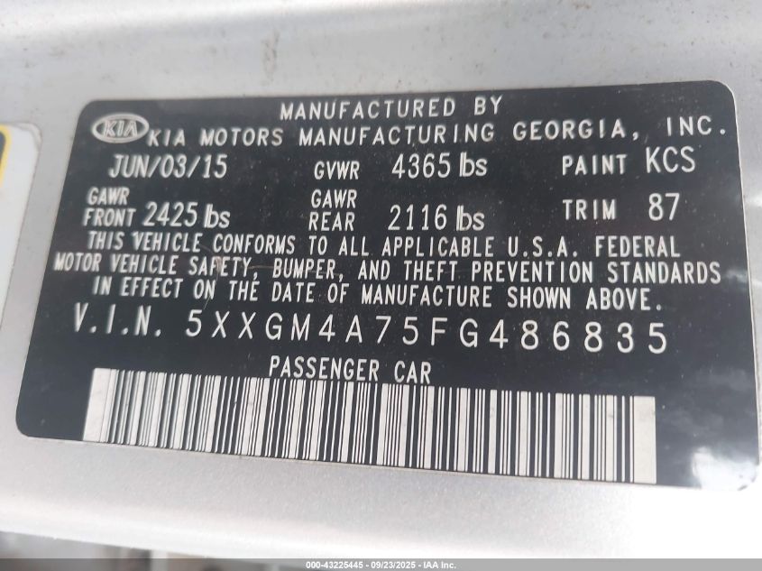 2015 Kia Optima Lx VIN: 5XXGM4A75FG486835 Lot: 43225445