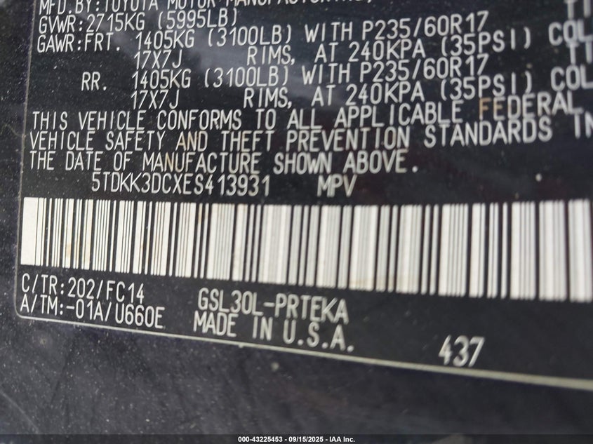 2014 Toyota Sienna Le V6 8 Passenger VIN: 5TDKK3DCXES413931 Lot: 43225453