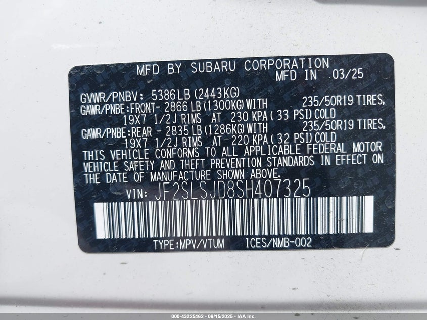 2025 Subaru Forester Hybrid Sport VIN: JF2SLSJD8SH407325 Lot: 43225462