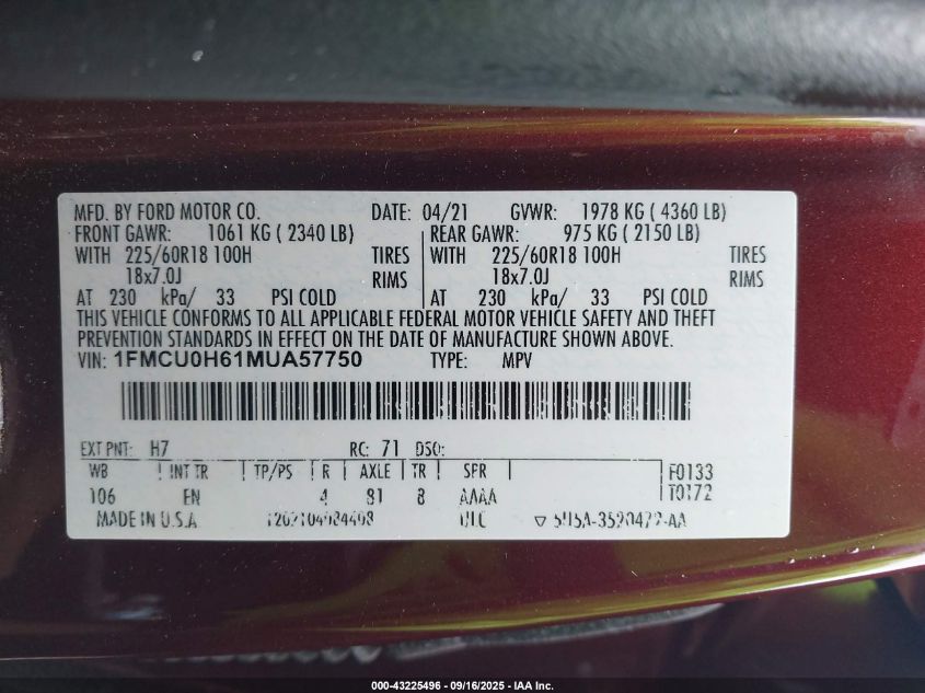 2021 Ford Escape Sel VIN: 1FMCU0H61MUA57750 Lot: 43225496