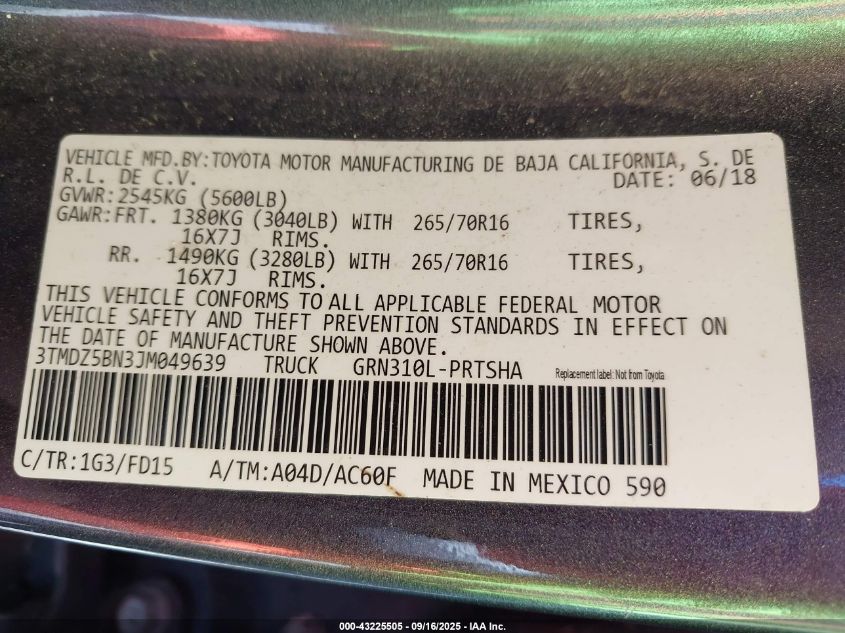 2018 Toyota Tacoma Trd Off Road VIN: 3TMDZ5BN3JM049639 Lot: 43225505