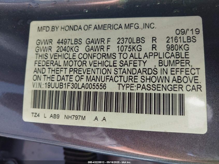 2020 Acura Tlx Standard VIN: 19UUB1F30LA005556 Lot: 43225513