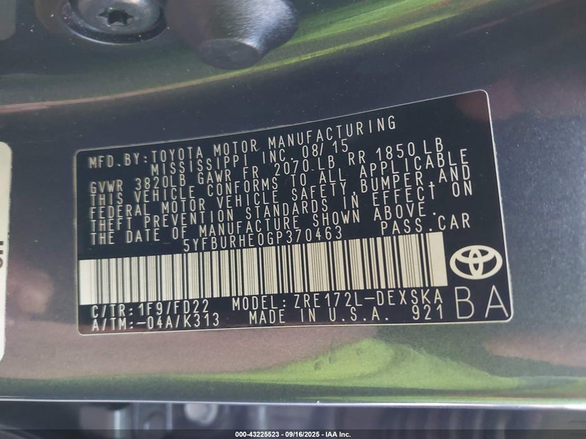 2016 Toyota Corolla S Plus VIN: 5YFBURHE0GP370463 Lot: 43225523