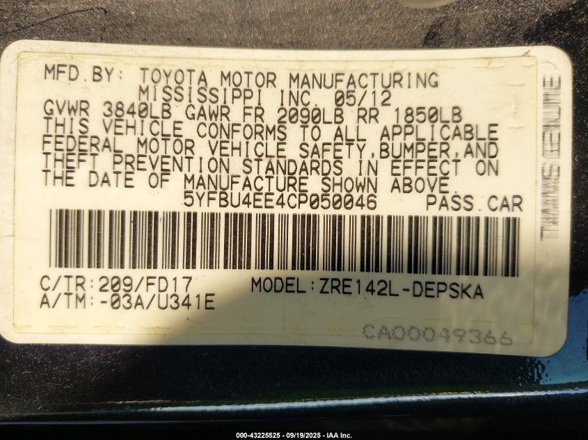 2012 Toyota Corolla S VIN: 5YFBU4EE4CP050046 Lot: 43225525