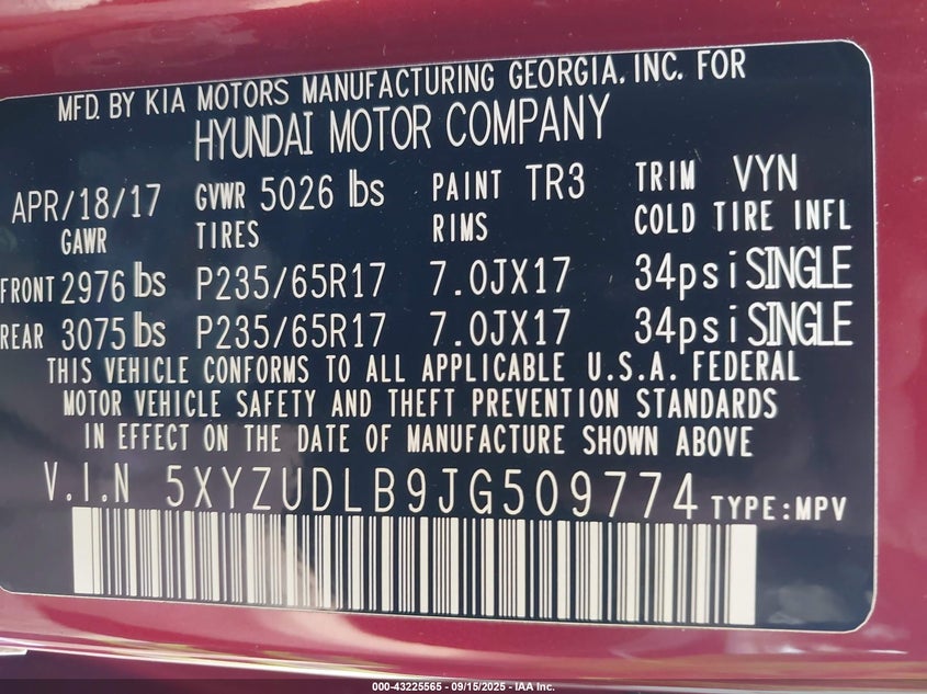 2018 HYUNDAI SANTA FE SPORT 2.4L 5XYZUDLB9JG509774